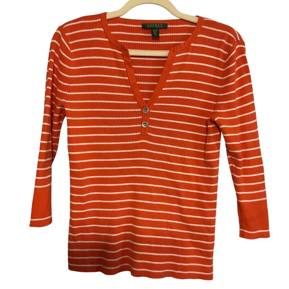 Lauren Ralph Lauren Orange White Striped Ribbed Henley Top 3/4 Sleeve Medium - Picture 3 of 8